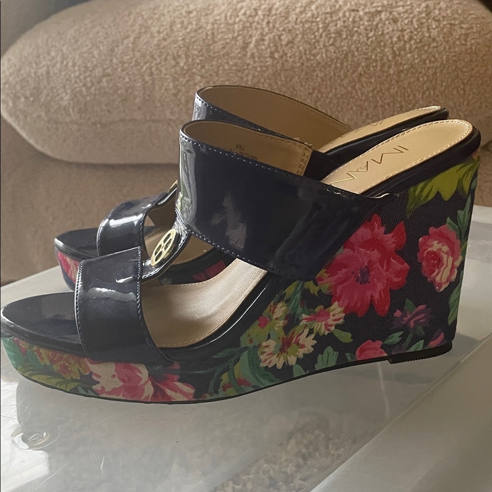 IMAN Navy Floral Wedge Sandals
